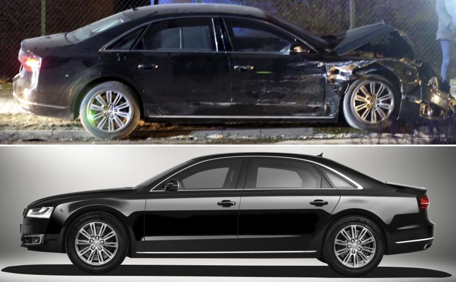 Audi A8 L Security - pancerna rządowa limuzyna rozbiła się o drzewo w Oświęcimiu